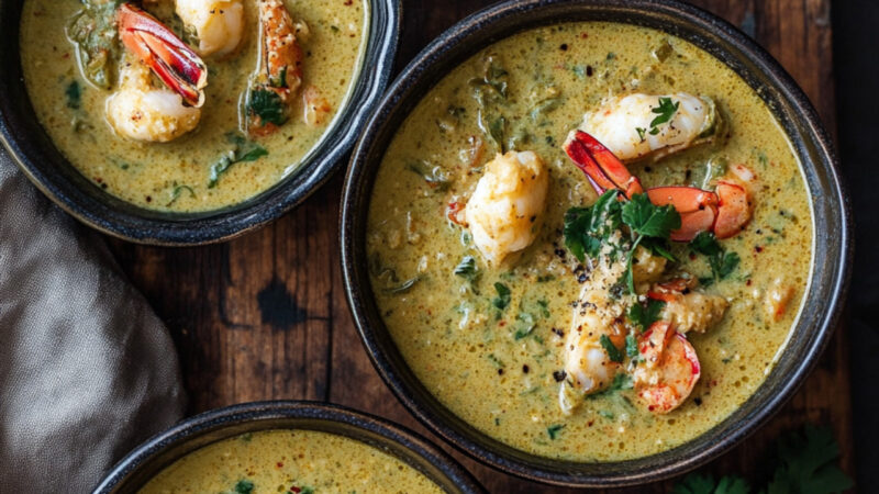 Signature green curry lobster stew with sweet potatoes served in bowls